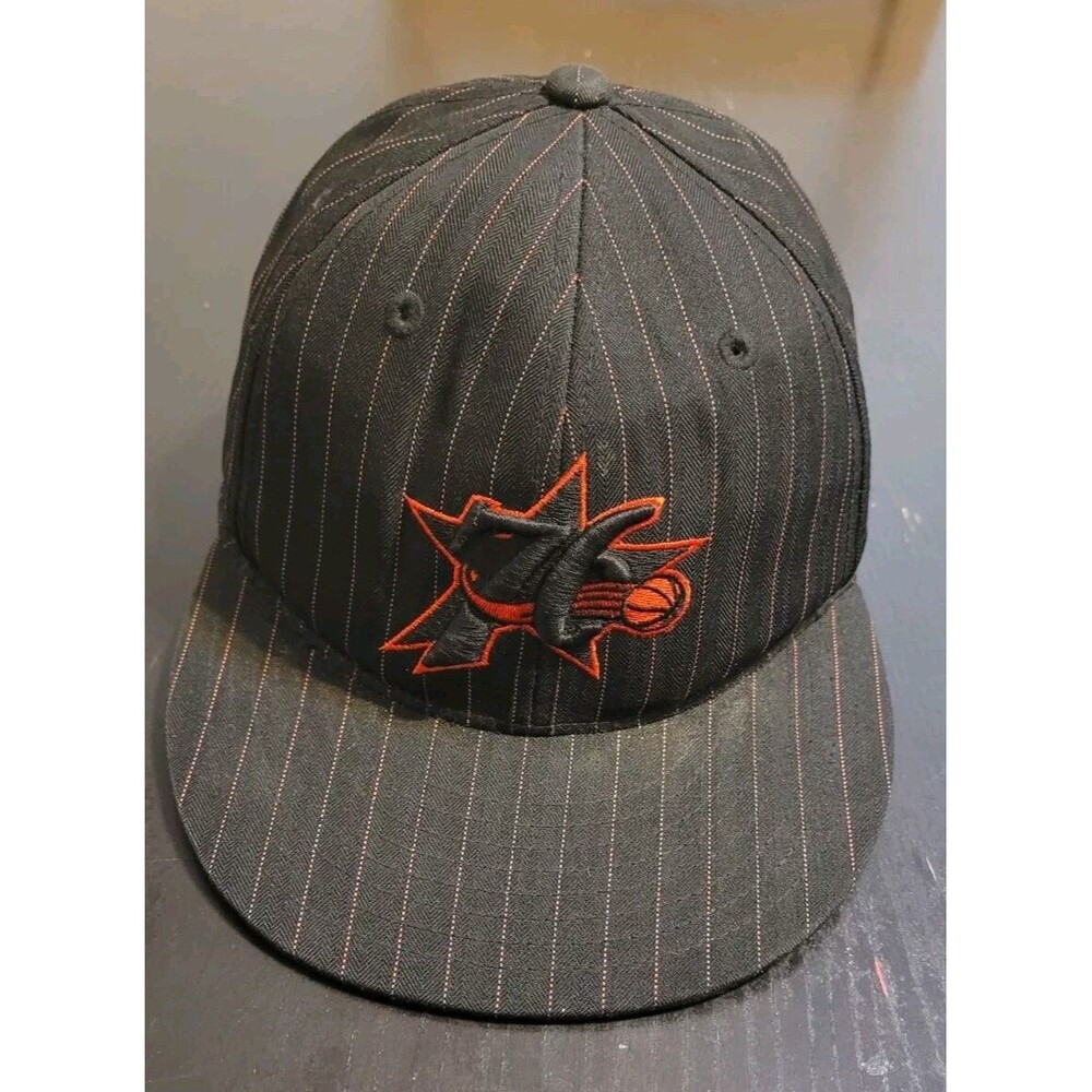 Vtg Philadelphia 76ers Hat Reebok Sz 7 1/2 Fitted Red Pinstripe Black Hat NBA